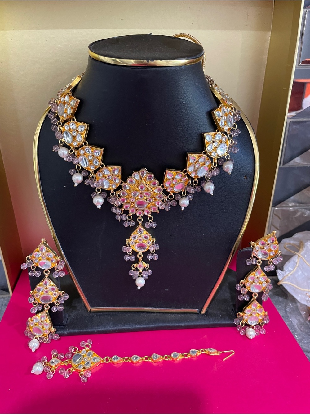 Traditional Gold-Tone Pink Kundan Necklace Set with Earrings and Maang Tikka